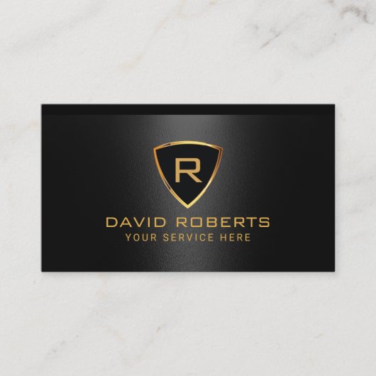 Modern Gold Shield Monogram Logo Black Metallic Visitekaartje (Voorkant)