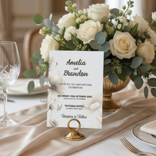 Modern Gold Sketch Flowers | White Wedding Kaart