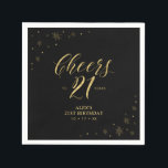 Modern Gold Sparkle 21st Birthday Party Napkin Servet<br><div class="desc">Deze aangepaste papieren servet voegt stijlvolle details toe aan uw speciale dag. Dit ontwerp is voorzien van een gladde grafische vormgeving en typografie "Cheers to 21 years" in een gouden foliestructuur op een zwarte achtergrond. Ideaal voor een modern gouden thema 21-jarig feest. In mijn winkel BaraBomDesign zijn ook uitnodigingen en...</div>