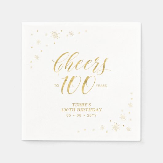 Modern Gold Sparkle & Cheers 100th Birthday Party Servet (Voorkant)