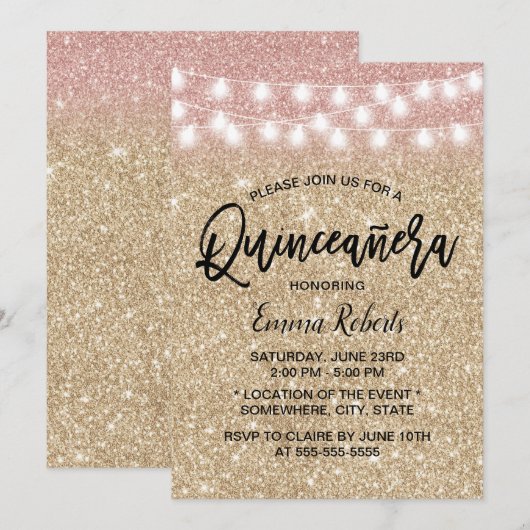 Modern Gold Sparkle Faux Glitter Quinceanera 15 Kaart (Voorkant / Achterkant)