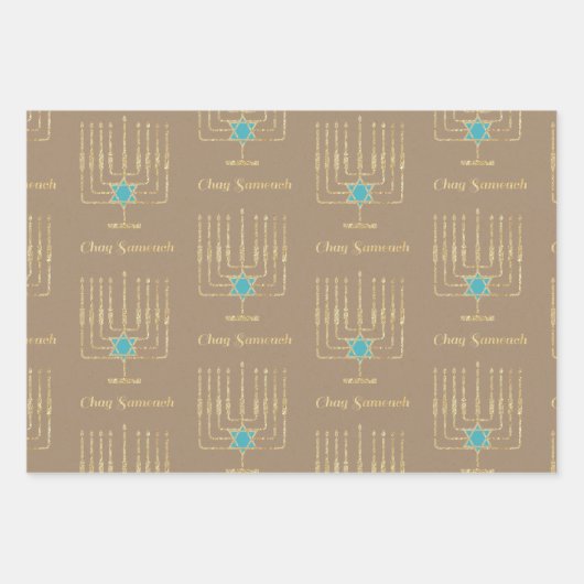 Modern Gold Star Menorahs Dreidels Kraft Hanukkah Inpakpapier Vel (Voorkant 2)