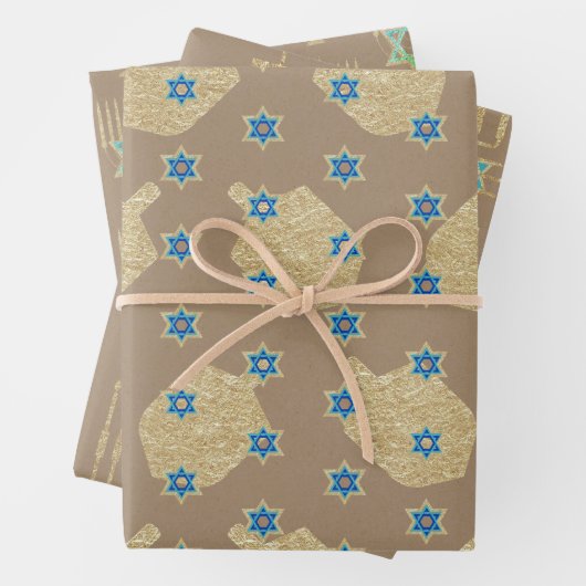 Modern Gold Star Menorahs Dreidels Kraft Hanukkah Inpakpapier Vel (In situ)