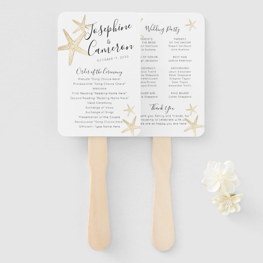 Modern Gold Starfish Beach Wedding Programme Handwaaier (Voorkant en achterkant)