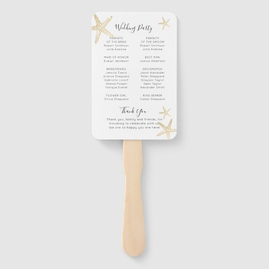 Modern Gold Starfish Beach Wedding Programme Handwaaier (Achterkant)