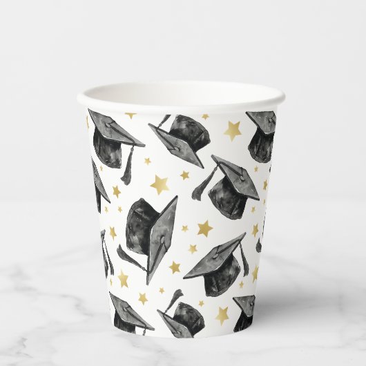 Modern Gold Stars Afstuderen – Zwart-wit feest Papieren Bekers (Voorkant)