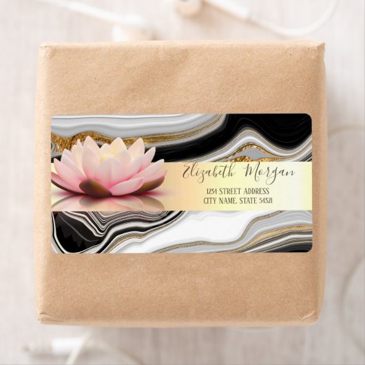 Modern Gold Stripe Lotus Gold Black marmer Etiket (Insitu)