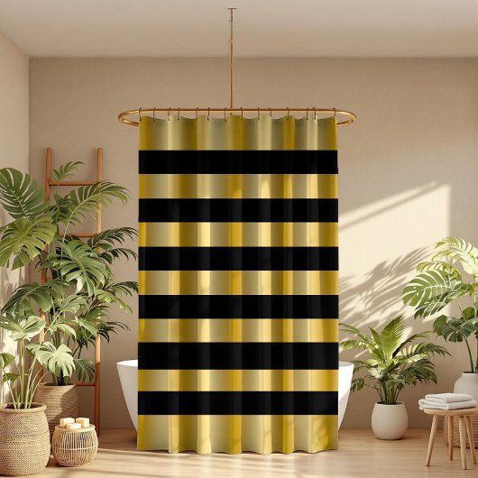 Modern Gold Stripes Black Background Throw Douchegordijn
