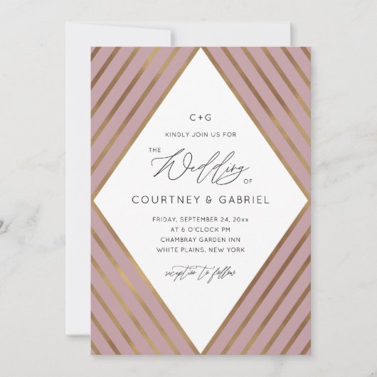 Modern Gold Stripes Diamond Dusty Roos Wedding Kaart (Voorkant)