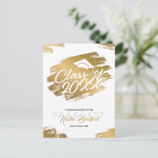 Modern Gold Stroke Wit Afstuderen Aankondiging Briefkaart (Staand voorkant)