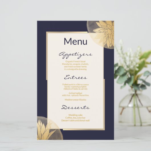 Modern Gold Succulents Wedding Menu op Blue (Staand voorkant)