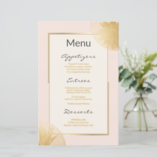 Modern Gold Succulents Wedding Menu op Blush (Staand voorkant)