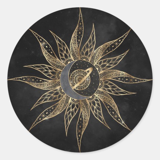 Modern Gold Sun Moon Planet Universe Mandala Ronde Sticker (Voorkant)