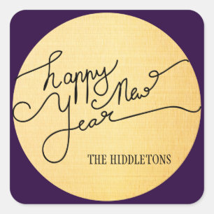 Modern Gold Texture Pattern Happy New Year Script Vierkante Sticker