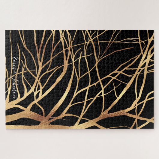Modern Gold Tree Silhouette Minimaal zwart ontwerp Legpuzzel (Horizontaal)