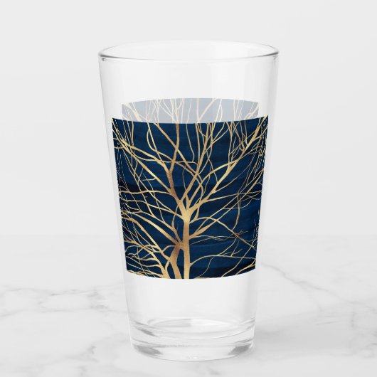 Modern Gold Tree Silhouette Minimumblauw ontwerp Glas (Voorkant)