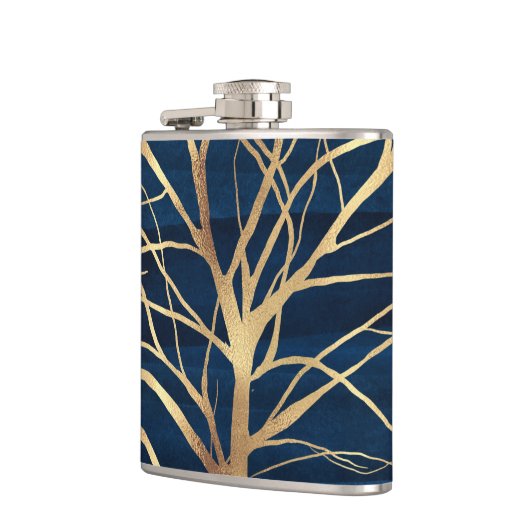 Modern Gold Tree Silhouette Minimumblauw ontwerp Heupfles (Links)