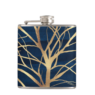 Modern Gold Tree Silhouette Minimumblauw ontwerp Heupfles