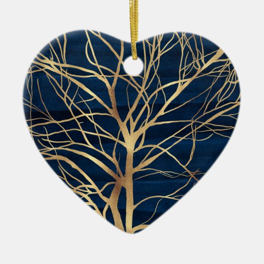 Modern Gold Tree Silhouette Minimumblauw ontwerp Keramisch Ornament (Voorkant)
