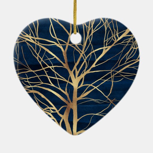 Modern Gold Tree Silhouette Minimumblauw ontwerp Keramisch Ornament (Achterkant)