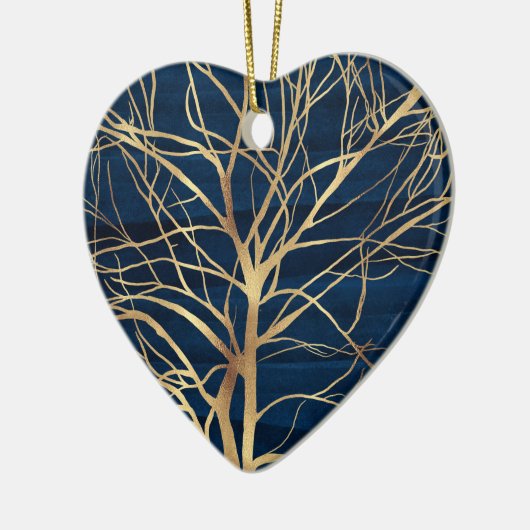 Modern Gold Tree Silhouette Minimumblauw ontwerp Keramisch Ornament (Links)