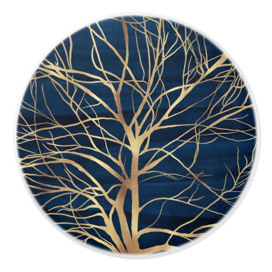 Modern Gold Tree Silhouette Minimumblauw ontwerp Keramische Knop (Voorkant)
