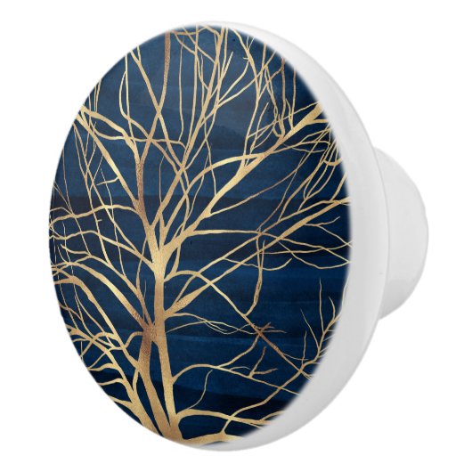 Modern Gold Tree Silhouette Minimumblauw ontwerp Keramische Knop (Rechts)
