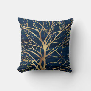 Modern Gold Tree Silhouette Minimumblauw ontwerp Kussen