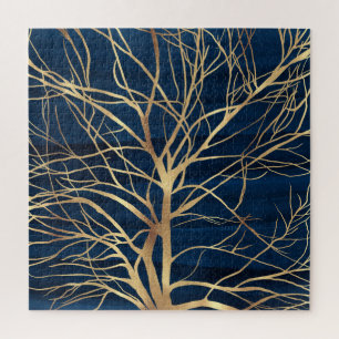 Modern Gold Tree Silhouette Minimumblauw ontwerp Legpuzzel