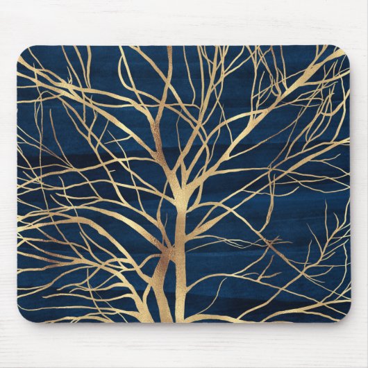 Modern Gold Tree Silhouette Minimumblauw ontwerp Muismat (Voorkant)