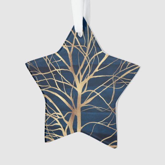 Modern Gold Tree Silhouette Minimumblauw ontwerp Ornament (voorkant)