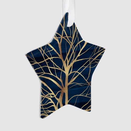 Modern Gold Tree Silhouette Minimumblauw ontwerp Ornament (voorkant)
