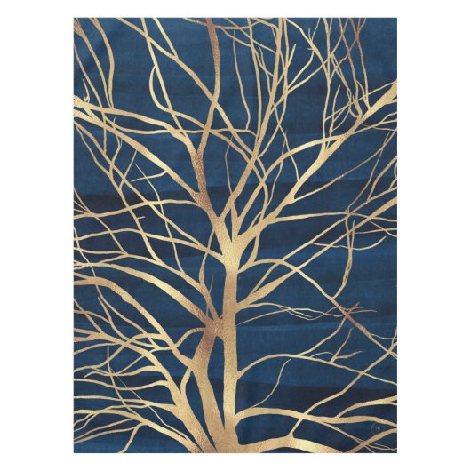 Modern Gold Tree Silhouette Minimumblauw ontwerp Tafelkleed (Voorkant)