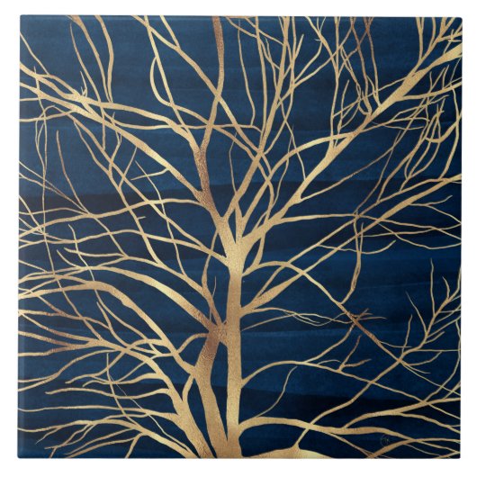 Modern Gold Tree Silhouette Minimumblauw ontwerp Tegeltje (Voorkant)