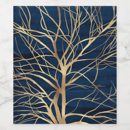 Modern Gold Tree Silhouette Minimumblauw ontwerp Wijn Etiket (Enkel label)