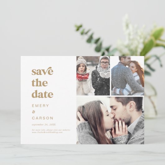 Modern Gold Typografie 3 Foto Collage Save The Date (Staand voorkant)