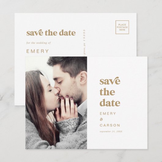Modern Gold Typografie Foto Save the Date Uitnodiging Briefkaart (Voorkant / Achterkant)