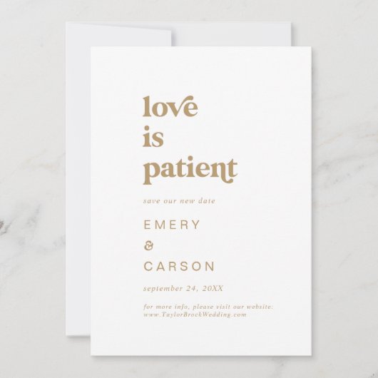 Modern Gold Typography Love is Patient Save The Date (Voorkant)