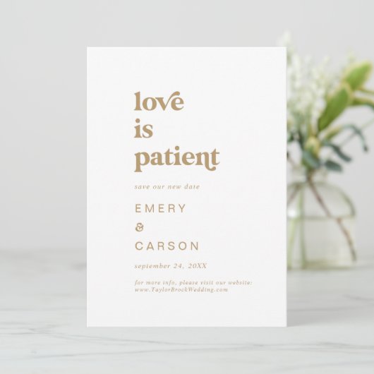 Modern Gold Typography Love is Patient Save The Date (Staand voorkant)