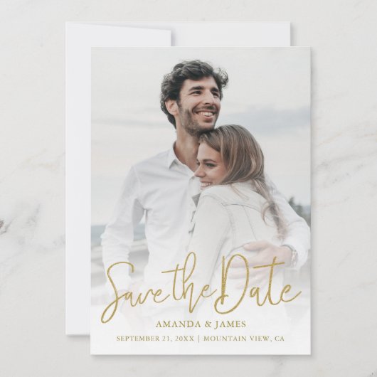Modern Gold Typography Simple Photo Wedding Save The Date (Voorkant)