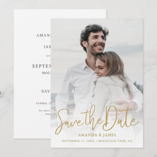 Modern Gold Typography Simple Photo Wedding Save The Date (Voorkant / Achterkant)