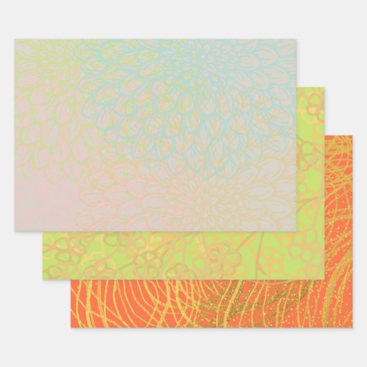 Modern Gold Violet Green Oranje Floral Pattern Inpakpapier Vel (Set)
