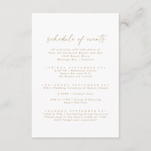 Modern Gold Wedding Weekend Planning of Events Informatiekaartje (Voorkant)