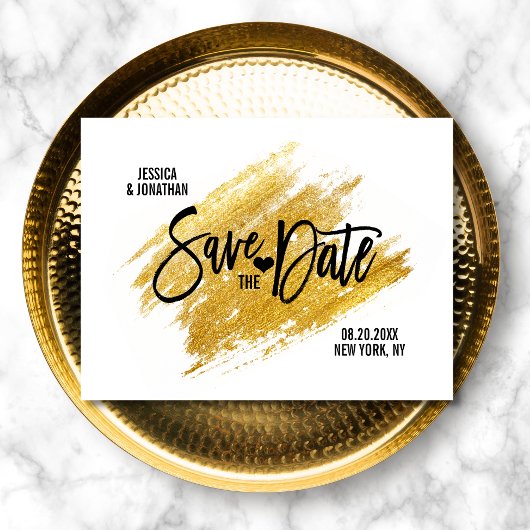 Modern Gold White Black Wedding BEWAAKT DE DATUM Aankondigingskaart