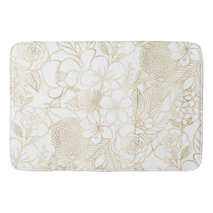 Modern Gold White Floral Doodles line art Badmat
