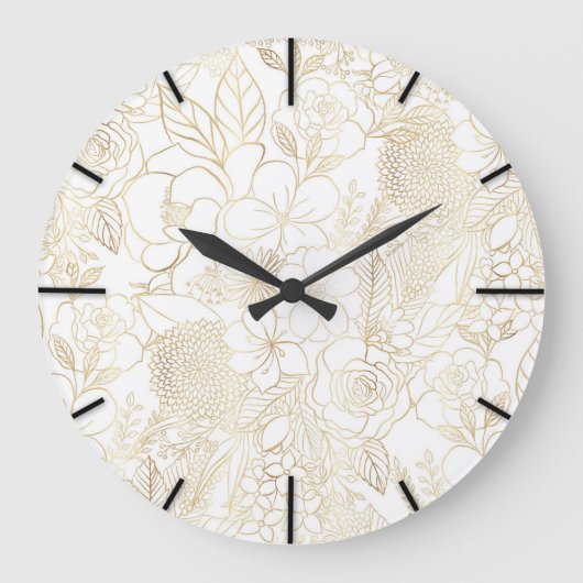 Modern Gold White Floral Doodles line art Grote Klok (Voorkant)