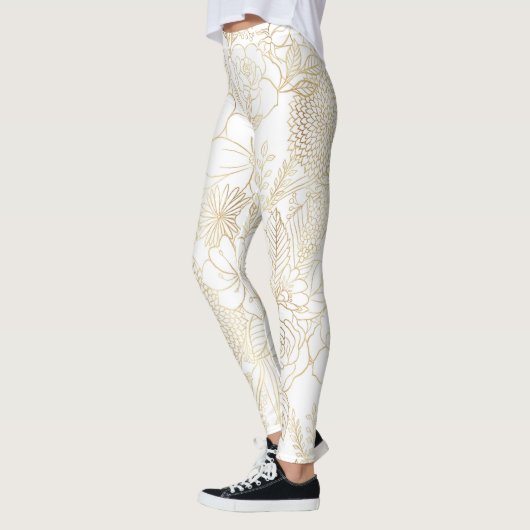 Modern Gold White Floral Doodles line art Leggings (Links)