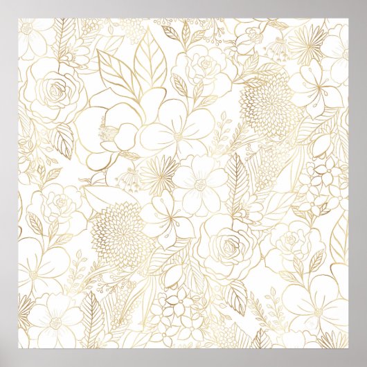 Modern Gold White Floral Doodles line art Poster (Voorkant)