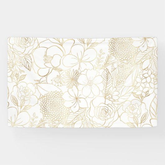 Modern Gold White Floral Doodles line art Spandoek (Horizontaal)