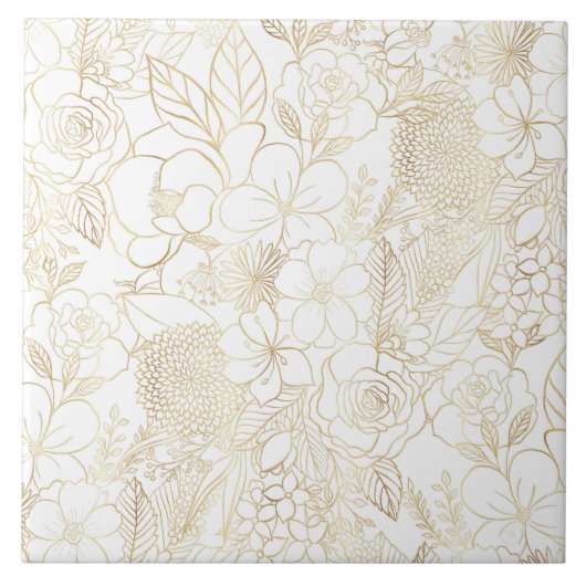 Modern Gold White Floral Doodles line art Tegeltje (Voorkant)